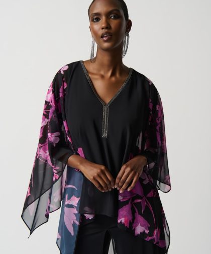 Floral Chiffon Poncho With Rhinestone Neckline