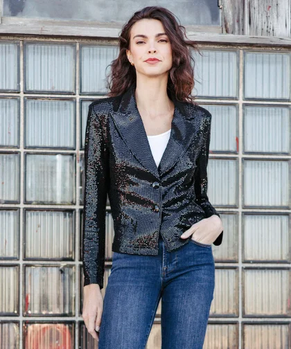 Sequin Knit - Modern Button Blazer - Black