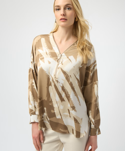 Joseph Ribkoff Beige V-Neck Zipper Front Tunic