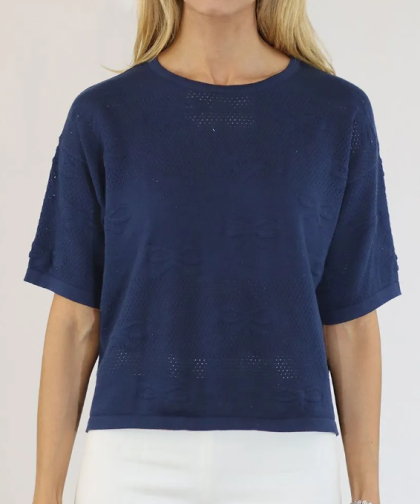 Metric Knits Cotton Short Sleeve Crewneck with Texture Stitch Bows