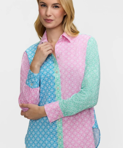 Foxcroft Meghan Geo Lattice Colorblock Long Sleeve Shirt