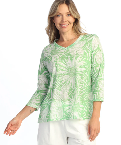 Jess & Jane Block Print Green Side Slit Shirt