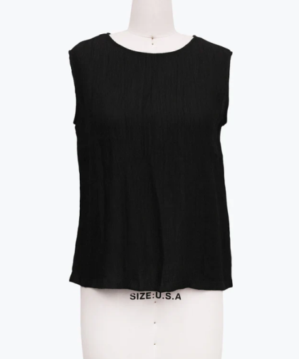 Damee Black Crinkled Sleeveless Jewel Neck Top