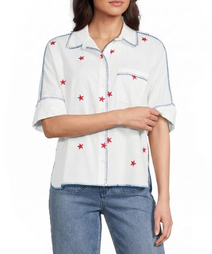 John Mark Woven Star Embroidered Blouse