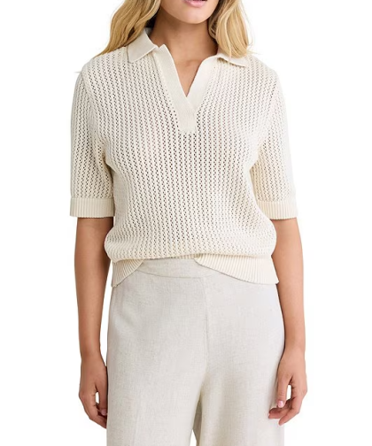 Nic + Zoe Sand Mesh Knit Polo Sweater