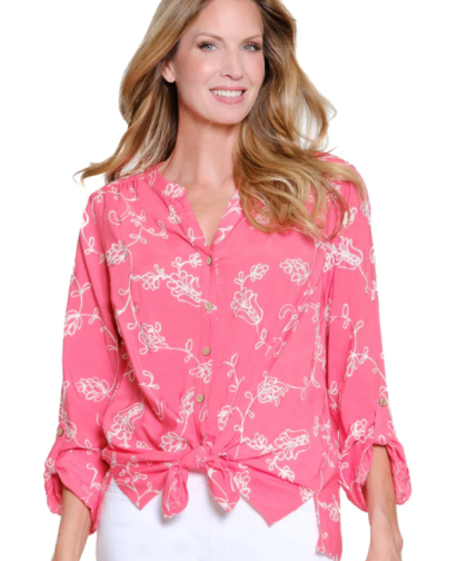 Multiples Plus Size Embroidered Crinkle Woven Tie Shirt