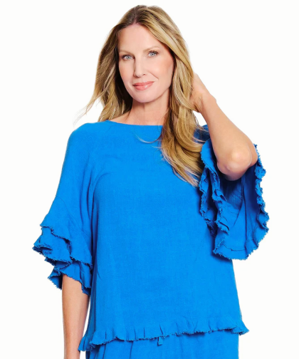 SlimSation Plus Size Flounce Raglan Fringe Hem Linen Top
