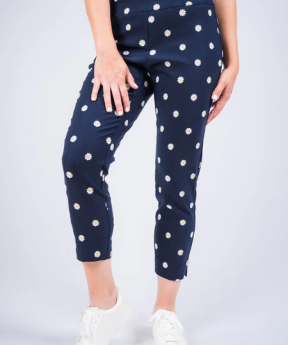 Lisette Embroidered Daisy 26" Navy Slim Crop Pant