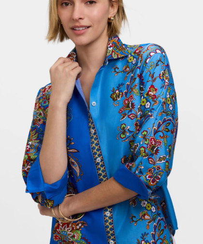 Foxcroft Margaret Jacobean Floral 3/4 Sleeve Shirt