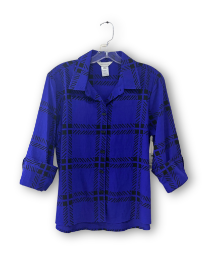 Turn-Up Cuff 3/4 Sleeve Button Front Plaid Print Crinkle Woven Shirt -Petite