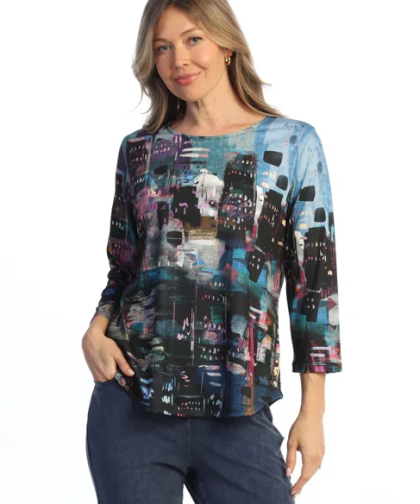 Jess & Jane Midnight Cityscape Spun Poly Round Hem Top
