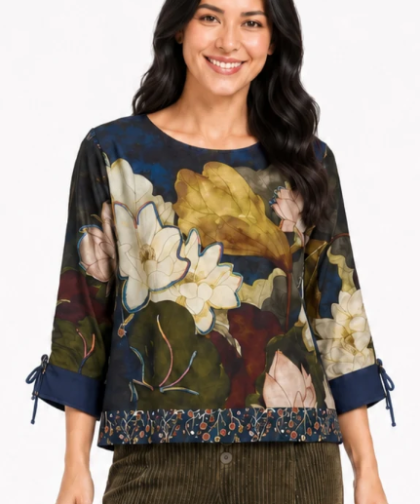 John Mark Watercolor Floral Woven Floral Print Round Neck Cinch L/S Popover