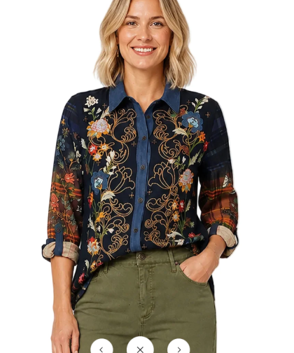 John Mark Woven Collared Button Front Long Sleeve Blouse With Embroidery